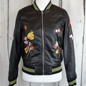 Chelsea & Theodore Black Bomber Jacket with Floral Embroidery